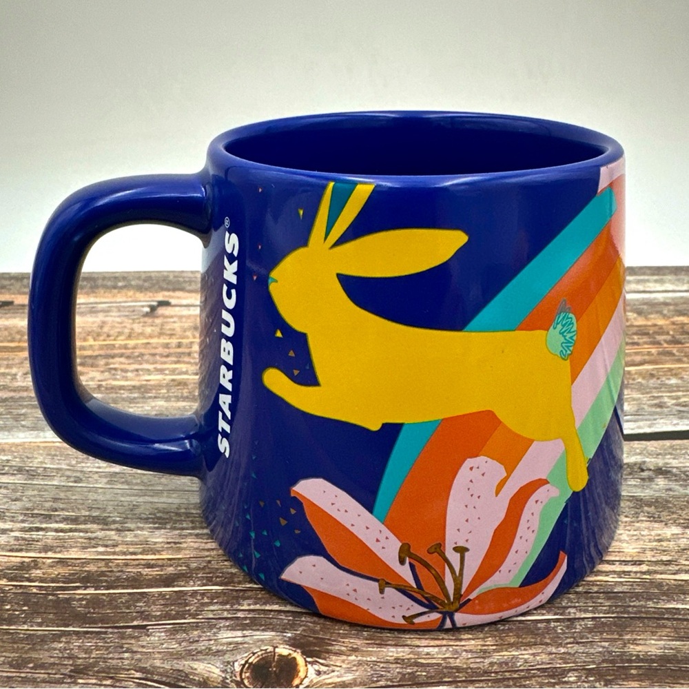 Starbucks Ceramic Bunny Easter Mug Blue Flowers 2020 Coffee Cup Wide Base 14oz